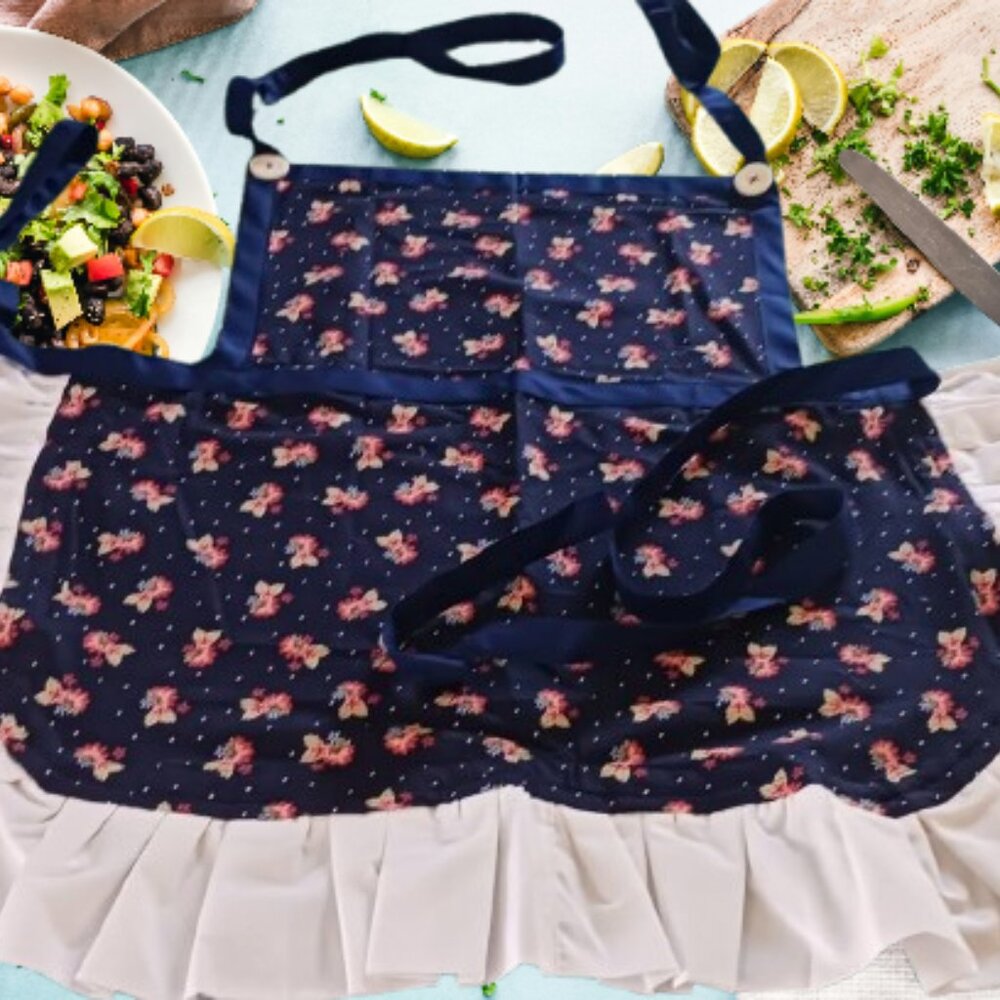 Navy Floral Apron with Wide White Ruffle